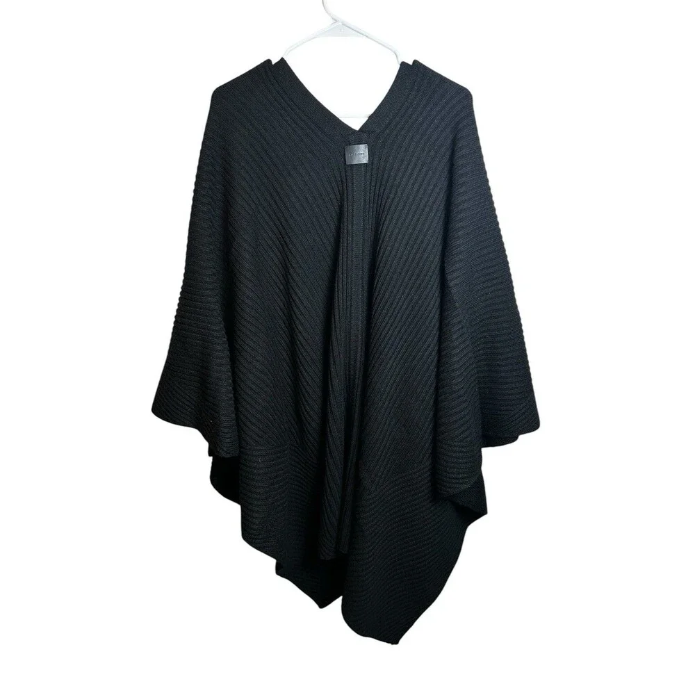 AllSaints Black Traveling Rib Ruana Shawl Wrap Wool Blend OS